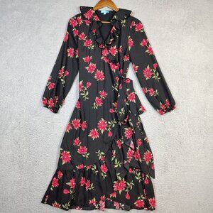 Draper James RSVP Wrap Dress Women's XS Black Floral Long Sleeve Ruffle Modest